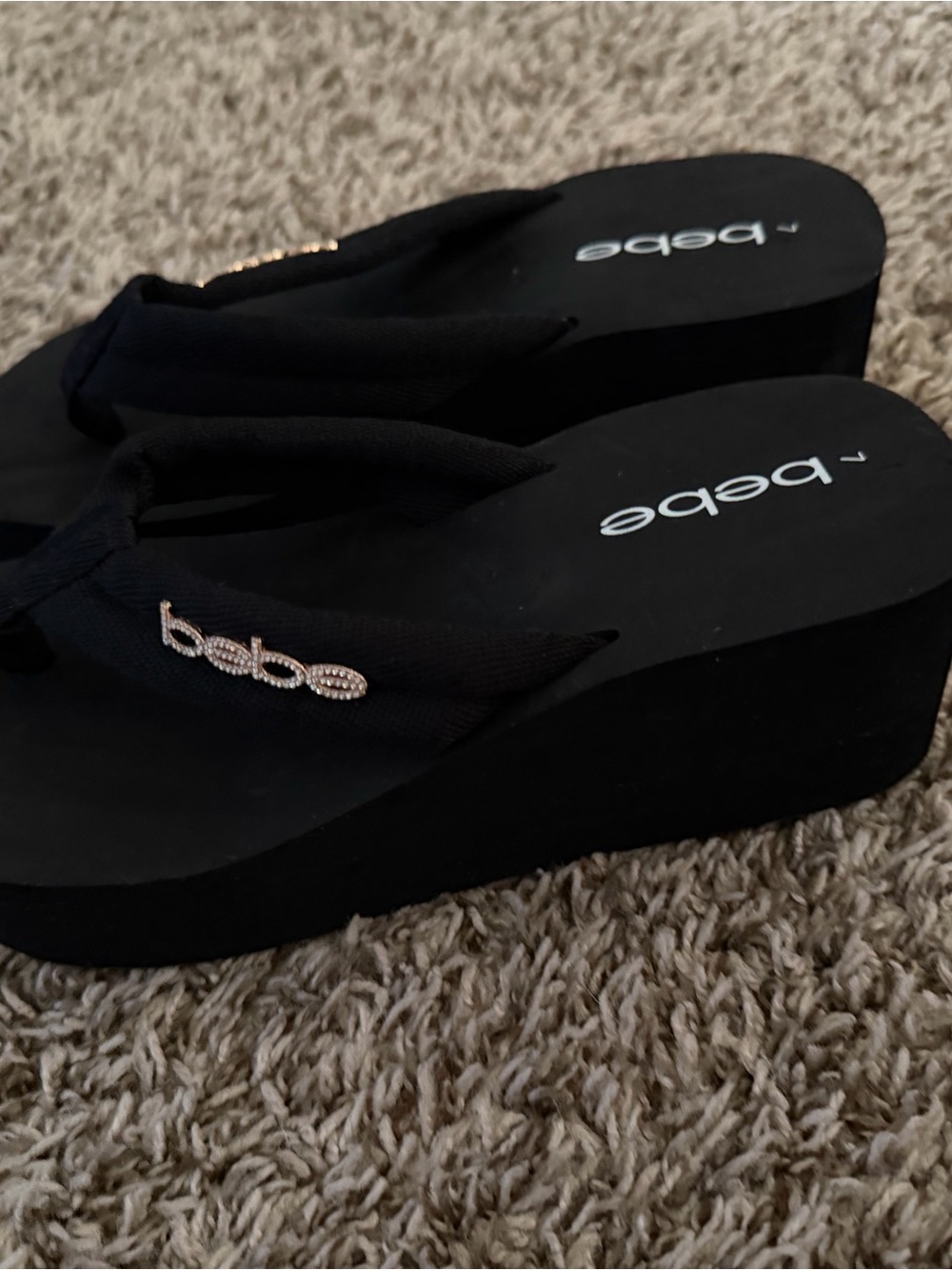 bebe Black Platform Flip Flop Sandals with Gold Logo Accent